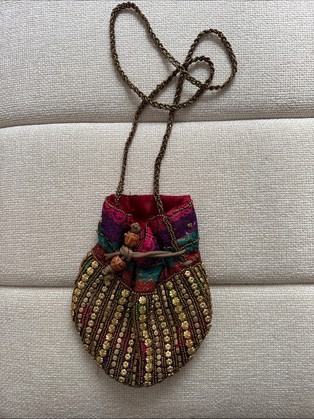Embellished Beaded Drawstring Pouch Bag - Multicolor